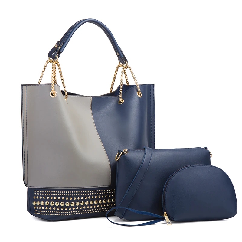 2023 Luxury Design PU Leather Shoulder bag Fashion Patchwork Top-Handle Bags Rivet For Women Chain Tote Lady bag