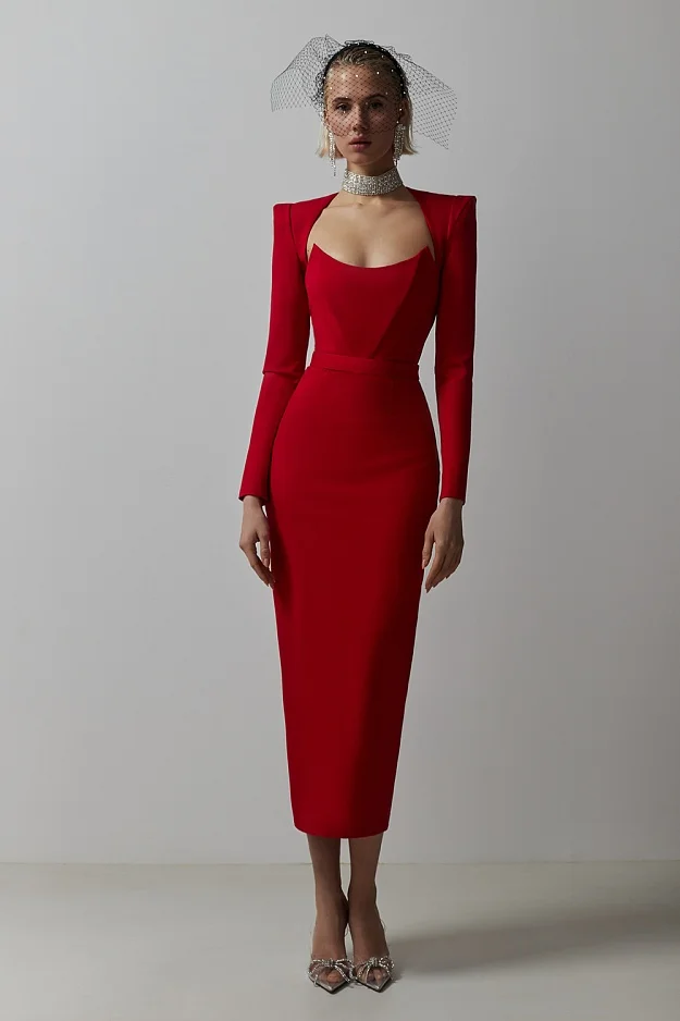 High Quality Long Sleeve Shoulder Pads Knitted Solid Color Women Elegant Bandage Dress