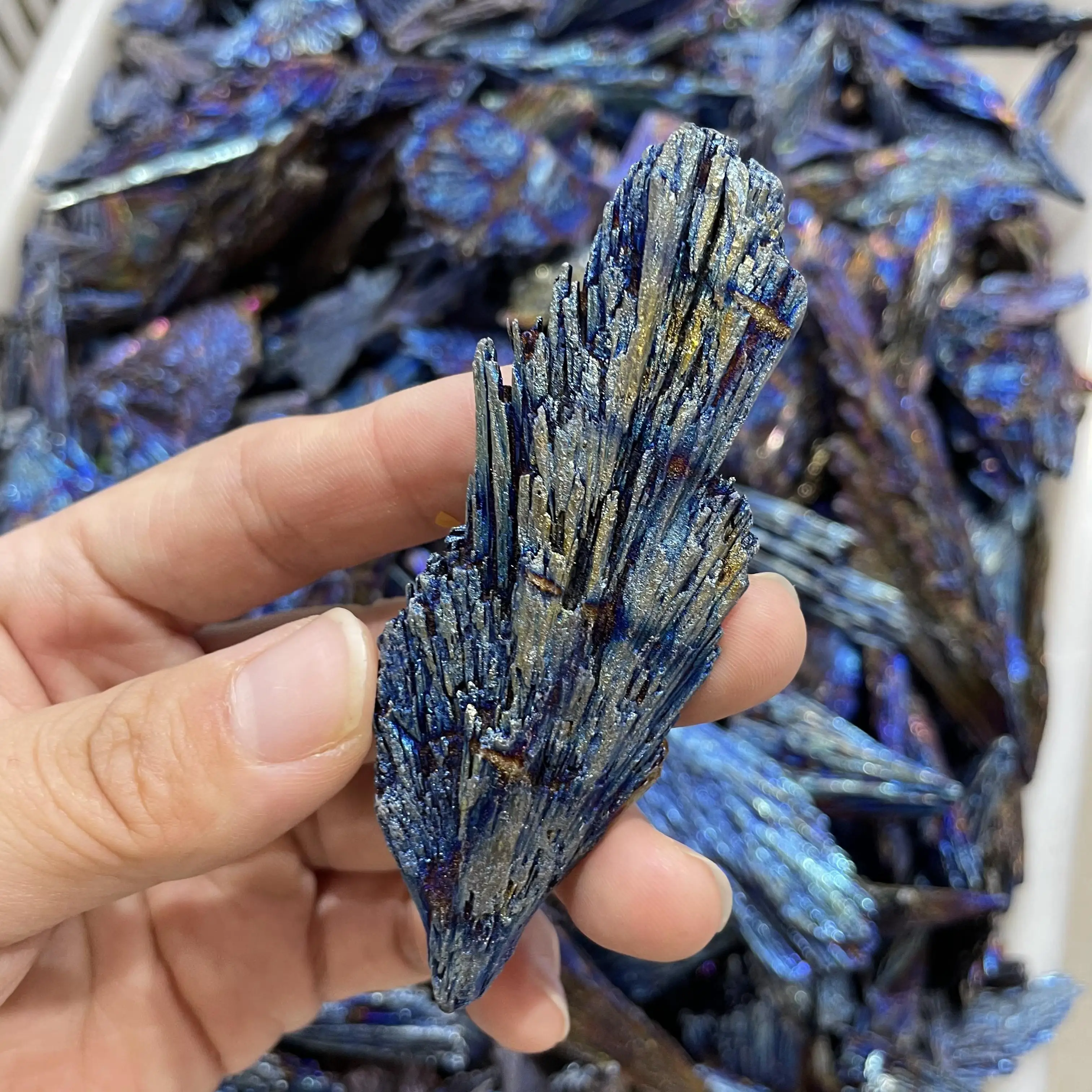 Wholesale natural blue electroplated black tourmaline peacock feather rough stones angel aura minerial stones