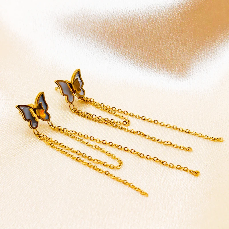 2022 Women Stainless Steel 18K Gold Plated Long Tassel Drop Earrings Hanging Earrings Jewelry Girls Butterfly Dangle Earrings