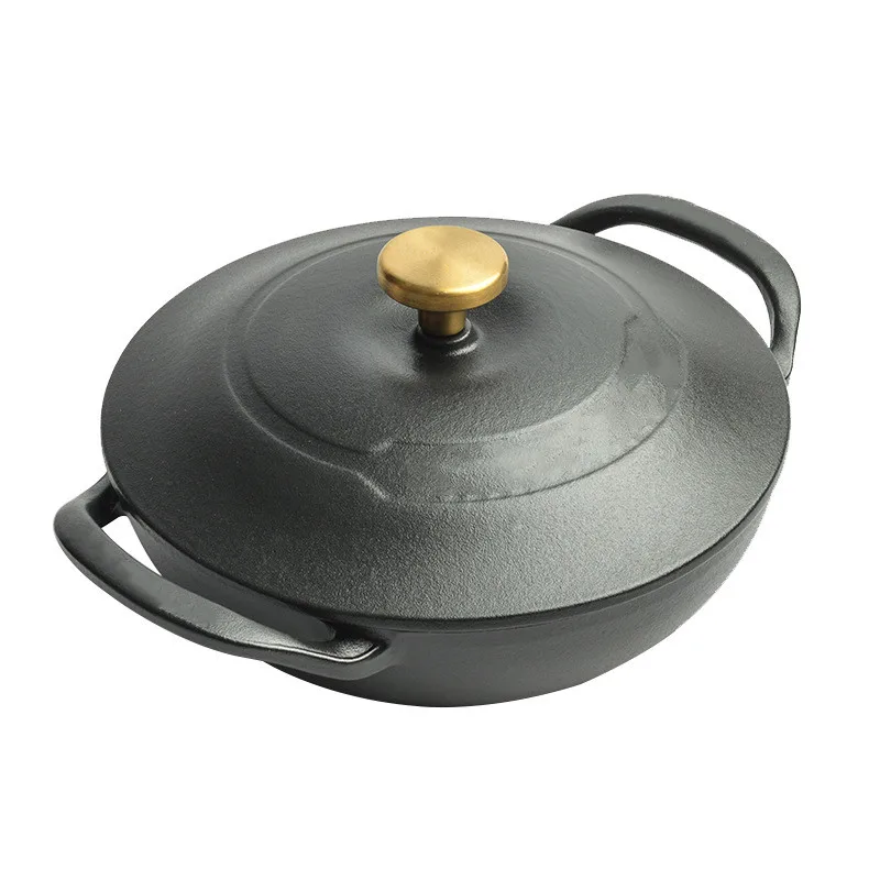 Wholesale new design Cast iron 24cm double ear enamel saucepan uncoated deepen plus European non-stick pan with lid