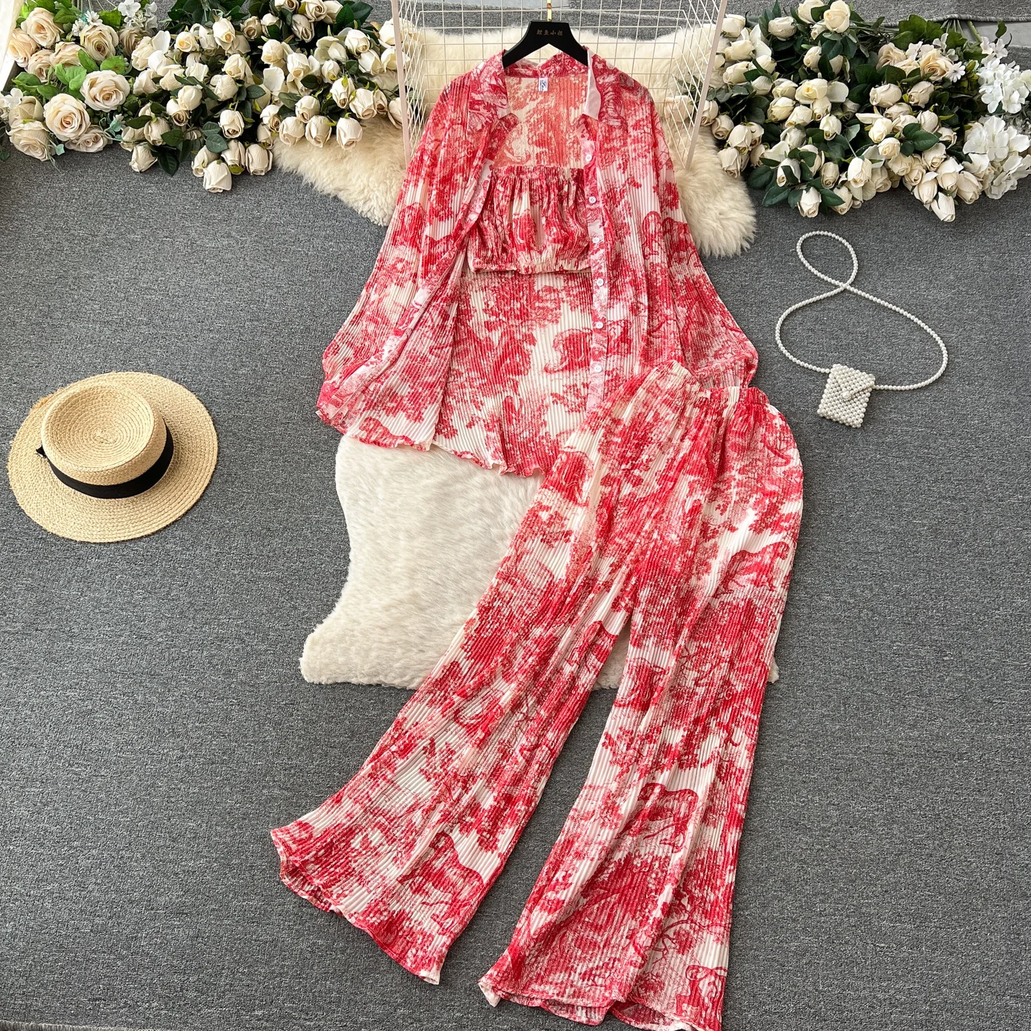 Fashion Suit Women Spring And Summer Loose Pressed Pleated Shirt Smocked High Waist Trousers 3 Pieces