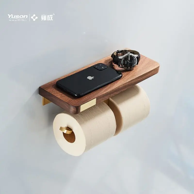 Yuson 21486DB Wooden Dual Paper Towel Toilet Paper Roll Holder Holder Wall-Mounted Tissue Paper Roll Holder With Phone Shelf