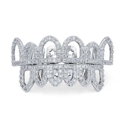  New Bling Gold Color Plated 6 Opened Teeth Grills Costume Hollow Dracula Fangs Set Micro Pave CZ Stones Top Bottom