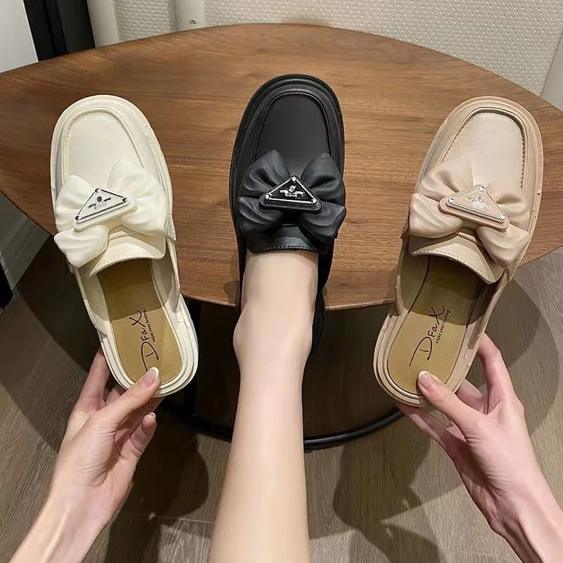 2023 New Black White Fashion Bow Button Loafers Women Chunky Shoes Slip on Spring Summer Female