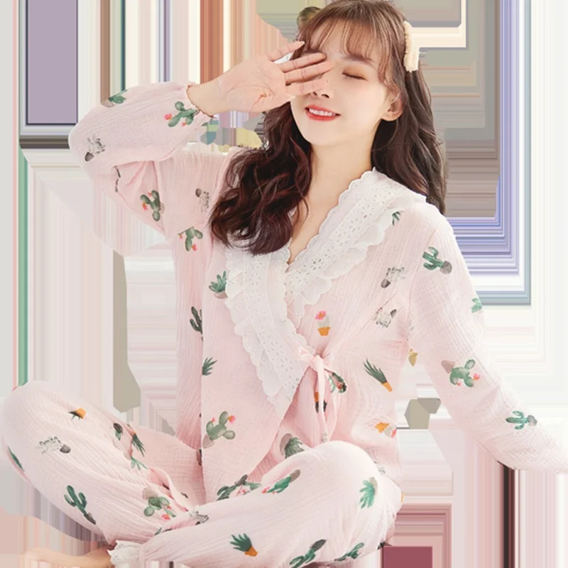 
Pregnant clothing women spring and autumn pure cotton gauze breathable postpartum clothing breastfeeding nightgown 