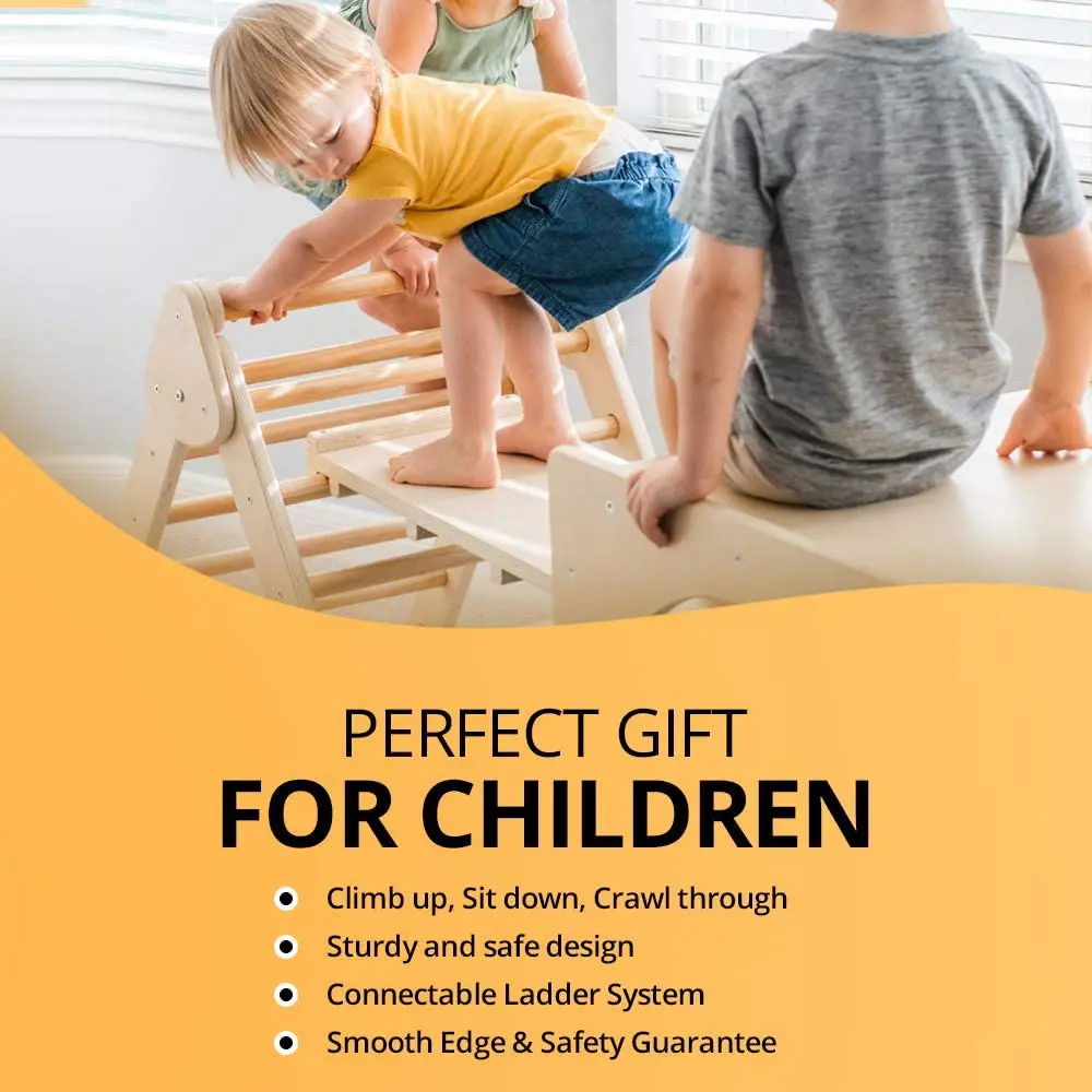 Natural Wood Montessori Ladder Climber Cube with Ramp Piklers Triangle Climbing Frame Indoor Playground
