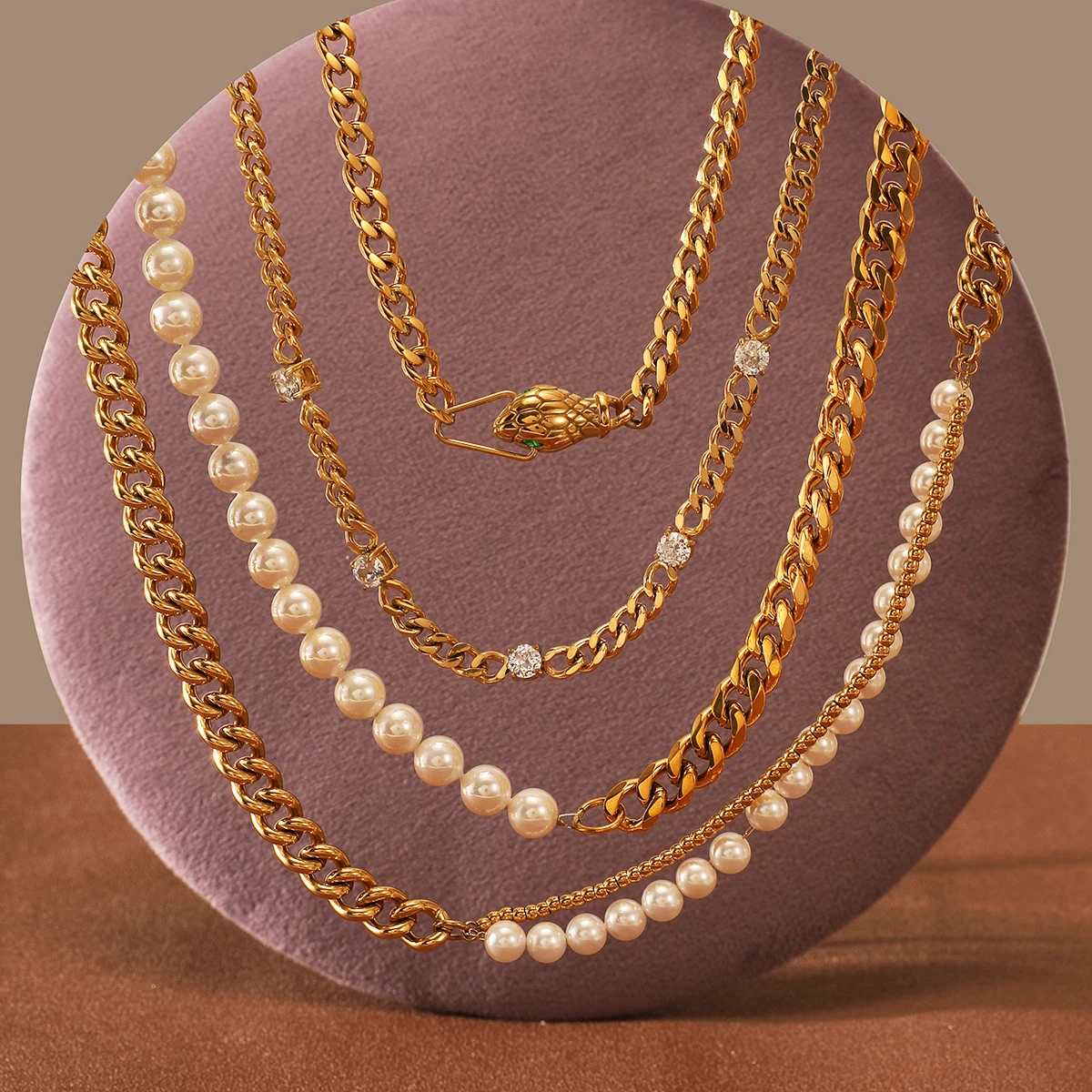 Fashion Miami Cuban Chain With Pearl Necklace Stainless Steel Personality Snake Head Link Chain For Men Women Jewelry Waterproof