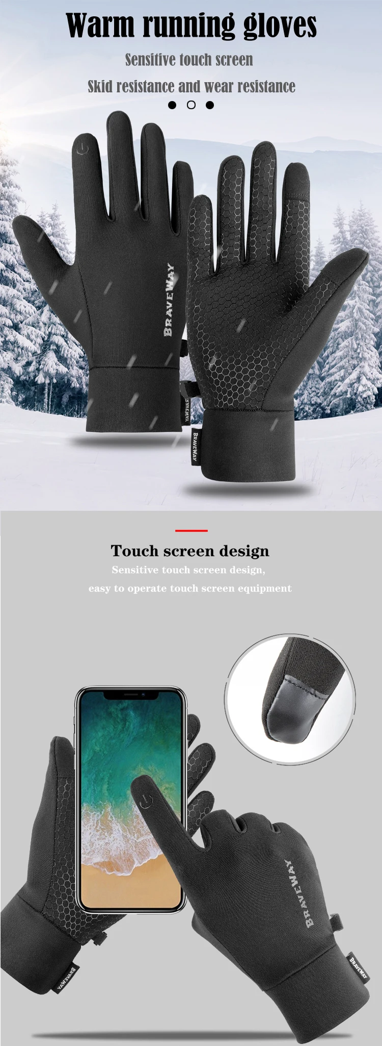 Manufacturer wholesale running cycling and hiking touch screen silicone anti slip and thermal insulation gloves