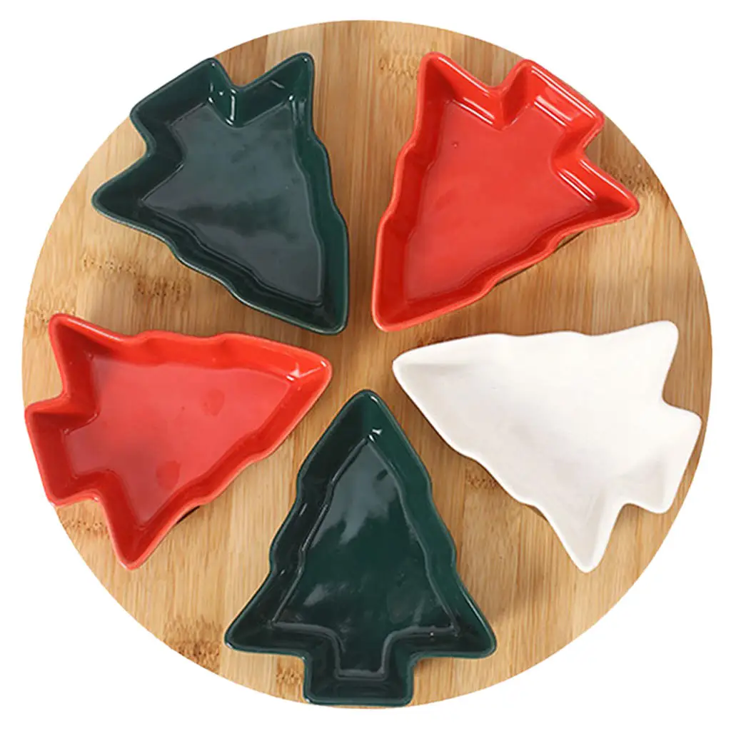 Christmas Tree Shaped Plates with Bamboo Tray Candy Nut Serving Container Platters Snacks Fruits Plate Ceramic Snack Tray