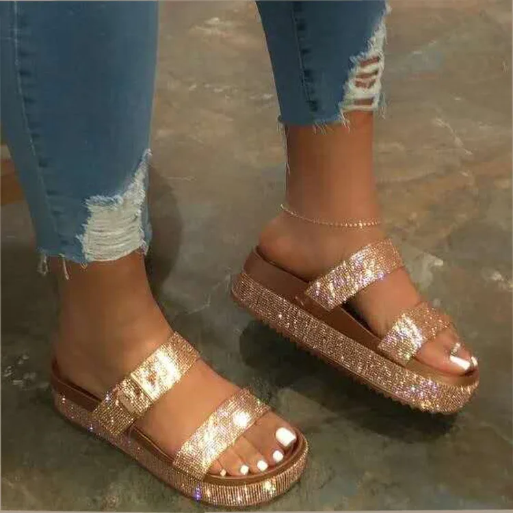 Fashion ladies rainbow rhinestone slippers footwear gold ladies diamond sandals women black slippers rainbow slides for women