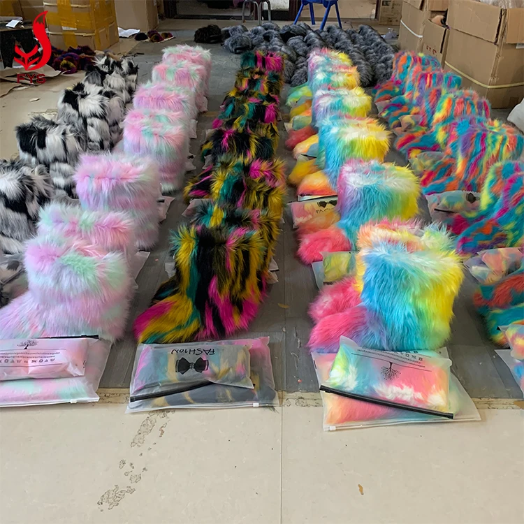 Factory custom kids baby fur sets snow boots headband and purse women shoes ankle female furry fake fur boots