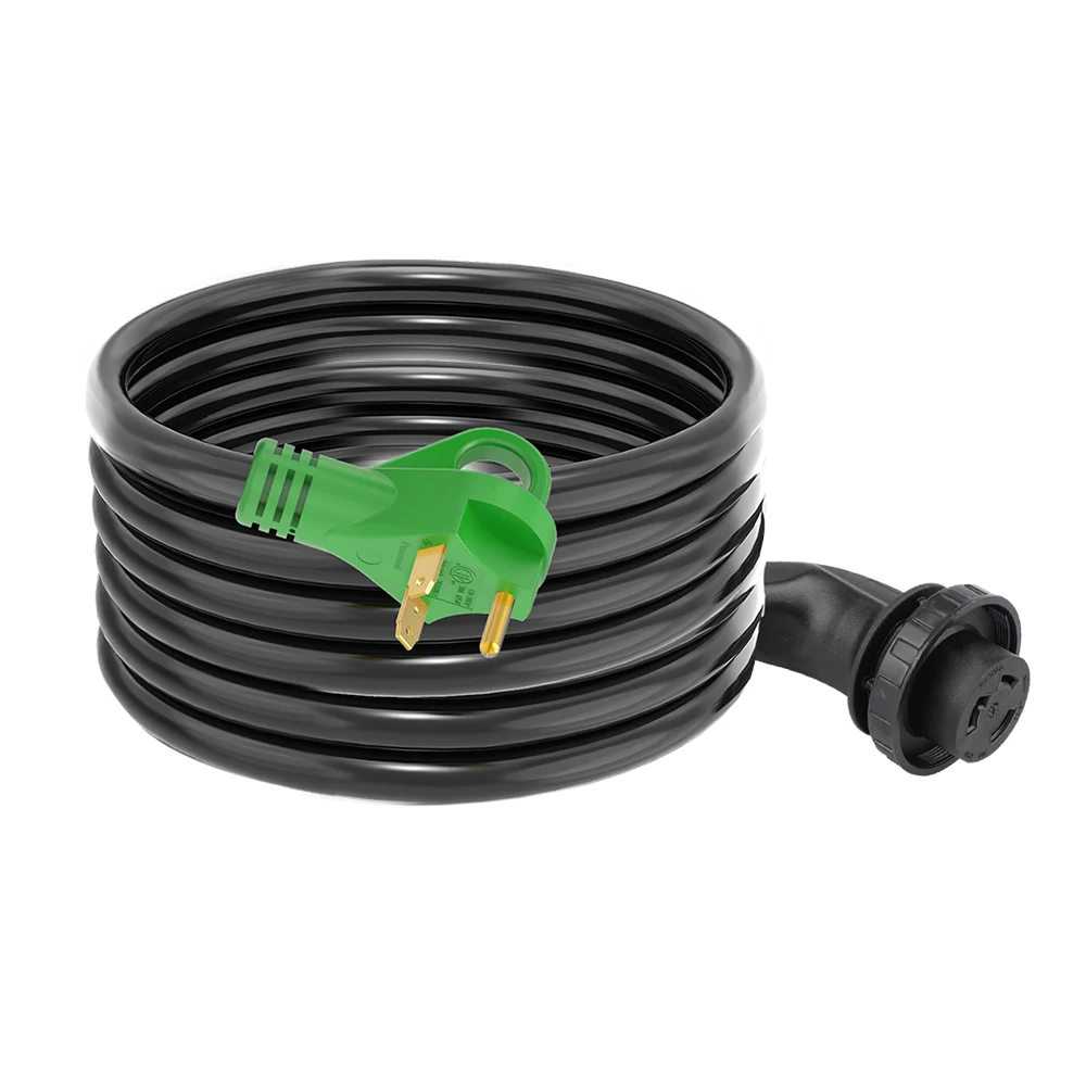 J545 30 Amp 50 Feet RV Power Extension Cord STW Wire with LED Light NEMA TT-30P to L5-30R 135 Degree Locking Connector Green