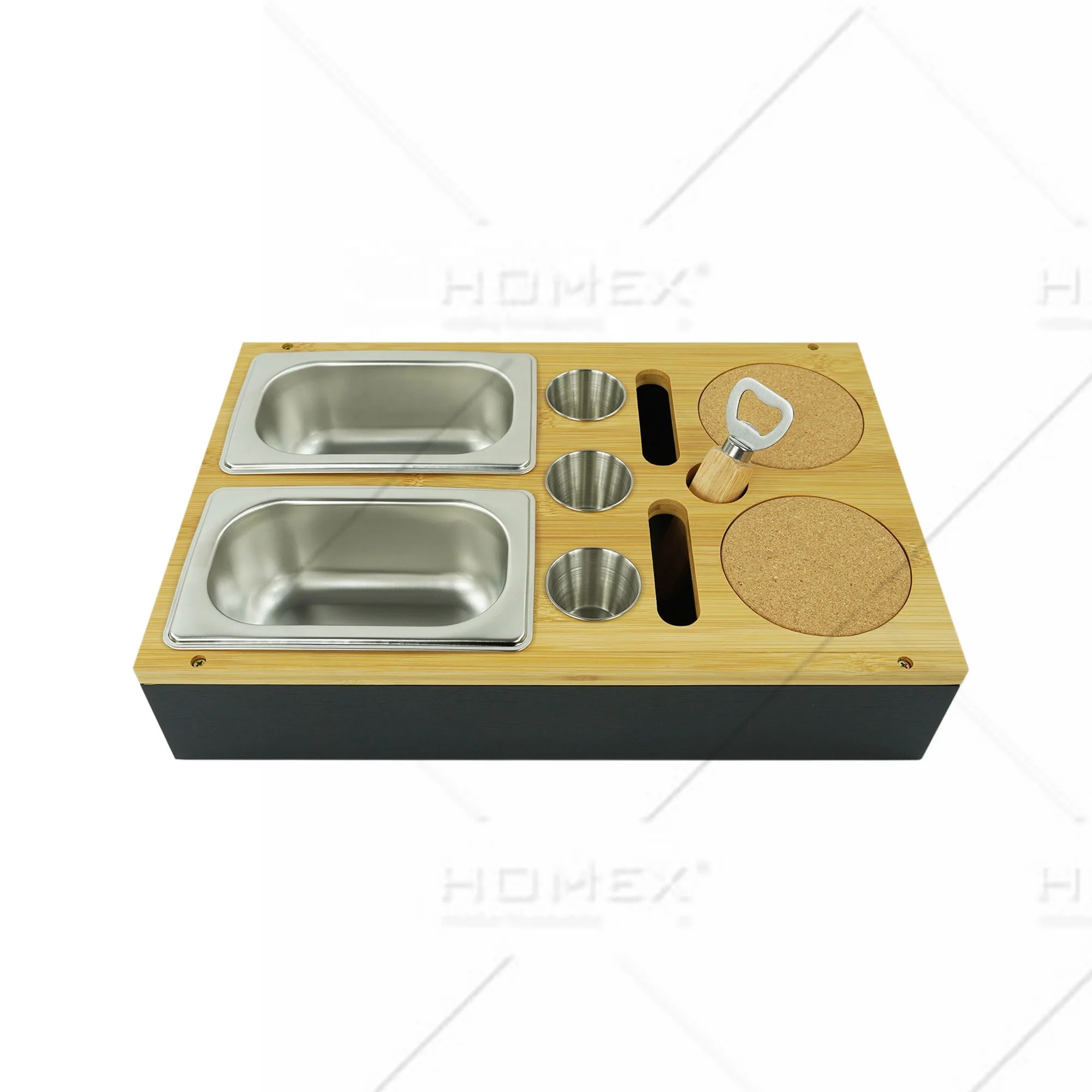 Bamboo Wood Couch Bar - Organiser with Drink Holder 2 Snack Bowls Mobile Phone and Removable Lid