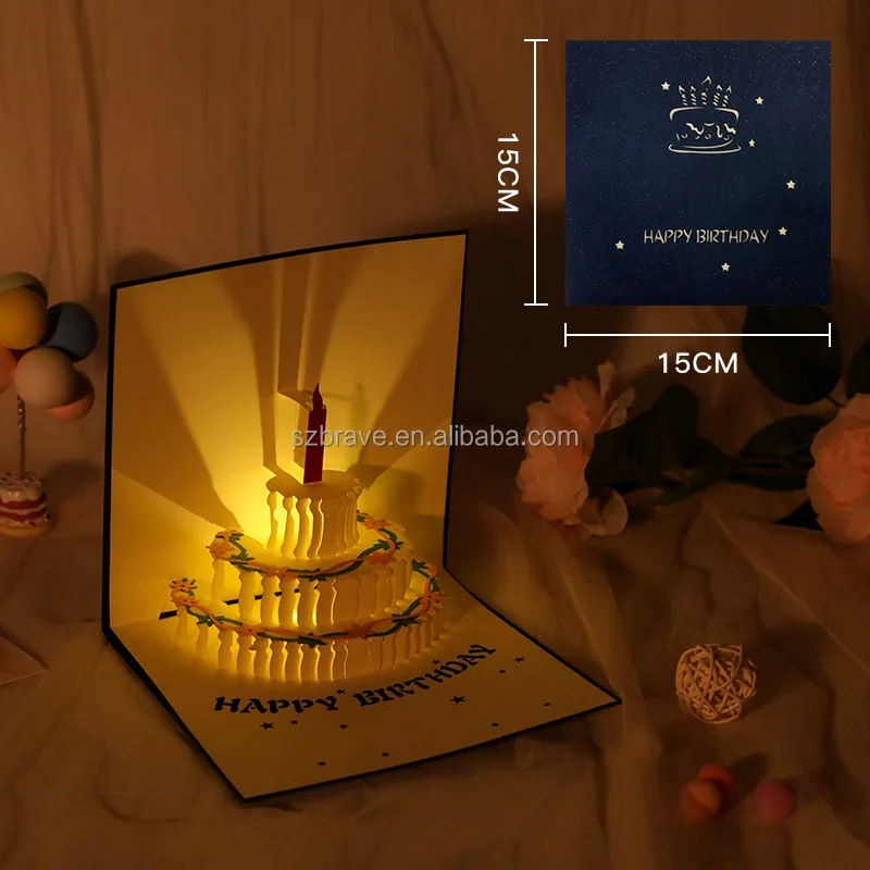 Wholesale LED Light Birthday Cake Musical Happy Birthday Card Postcards Laser cutting 3D Pop Up Greeting Cards for Mom, kids