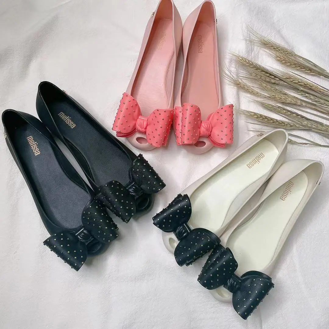 Сандалии-желе женские на плоской подошве, с бантом и кристаллами