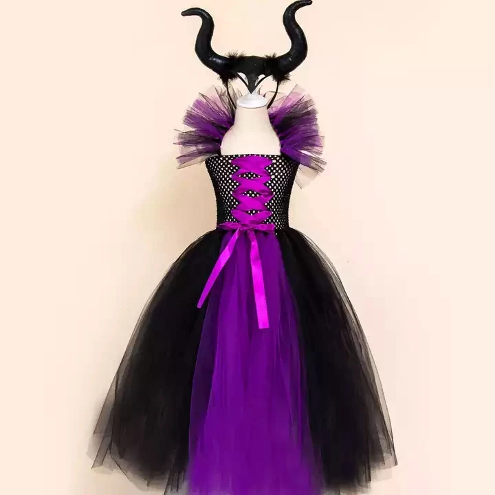 Costume Maleficent Horns Kids Halloween Fancy Christening Black Glam Gown Tutu Dresses Demon Queen Witch dress for baby girl