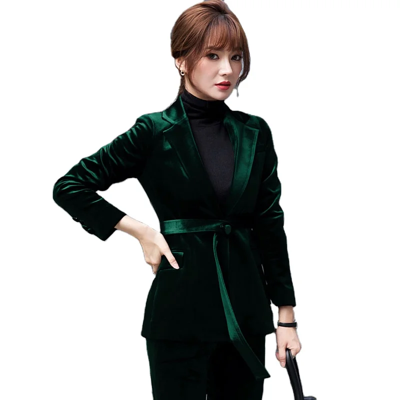 New Fashion Green Velvet Blazer Pants With Belt in Stock Women Suits Business Suits As Size Chart Wedding Party/ Business V-neck