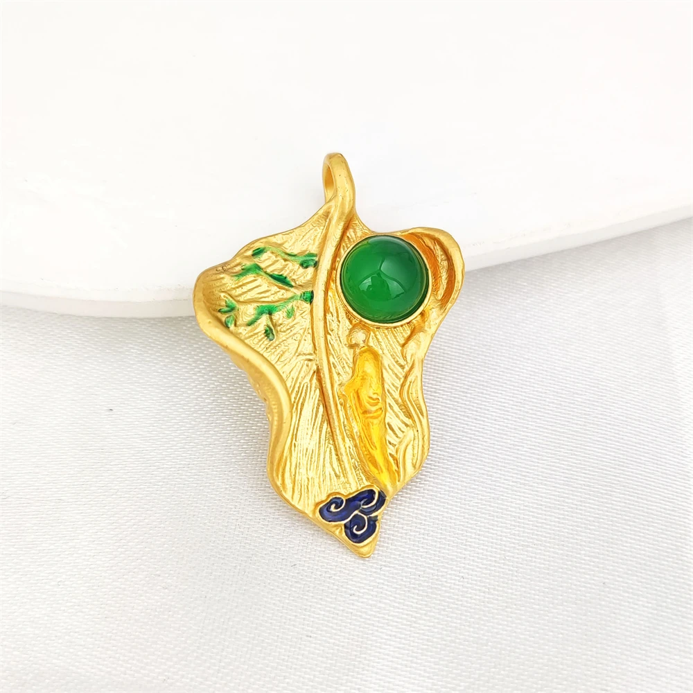 Natural Stone Buddha Charm Fan Shape Gold Plated Gemstone Chrysoprase Pendant Fish Pixiu Dragon with Green Chalcedony Pendants