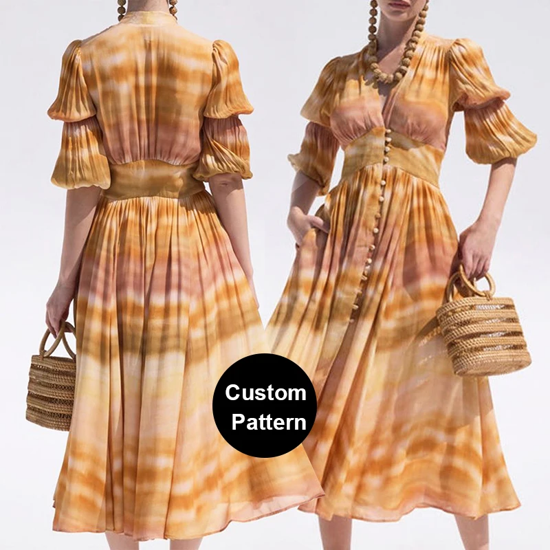 Designer Summer Fashion V Neck Short Sleeve Linen Maxi Dress Custom Women Casual Dresses