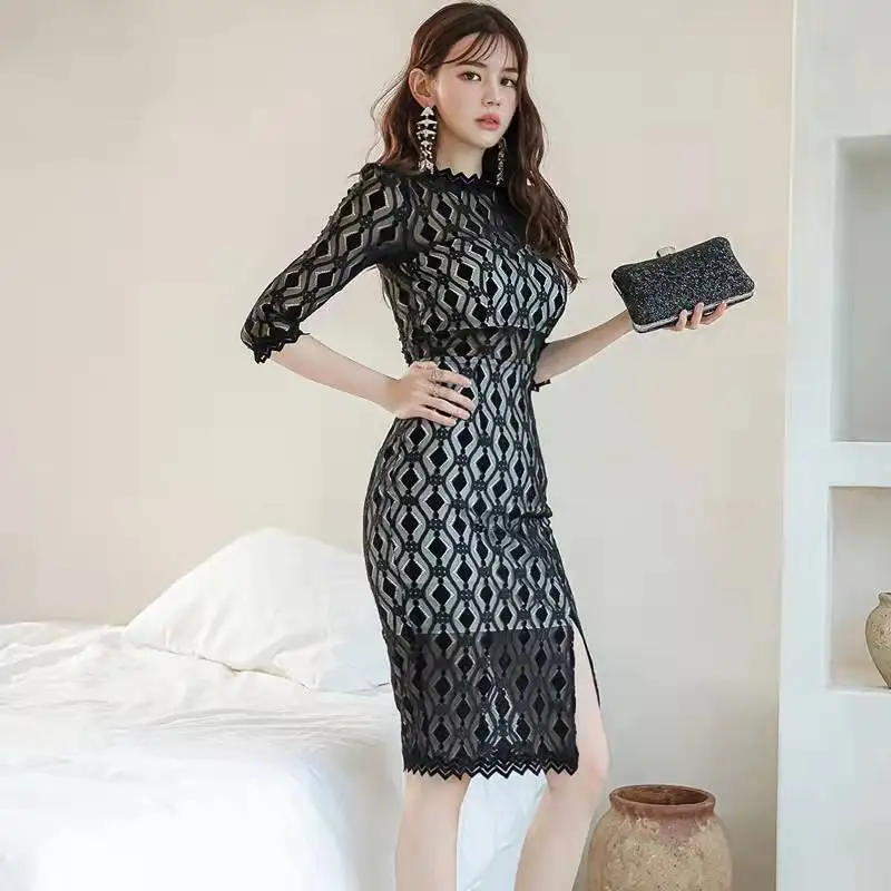 2022 spring and summer new slim sexy black lace split professional dress