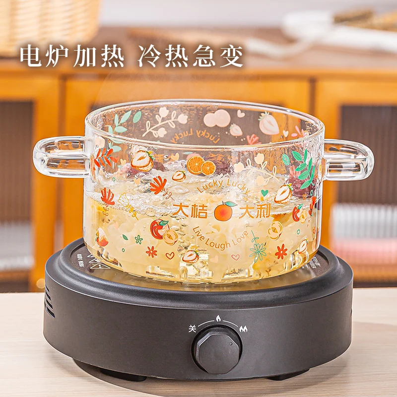 Kitchen cookware cartoon clear glass cooking pot saucepan stew pot with lid and handle