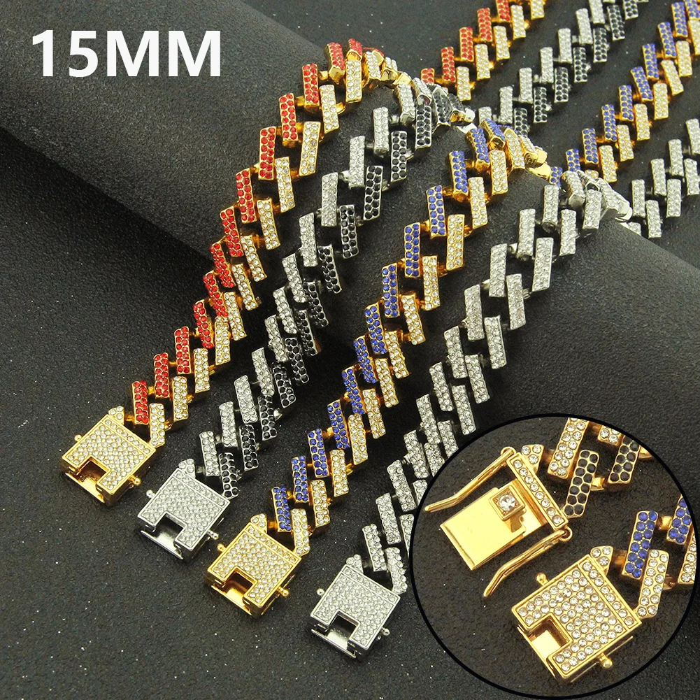 15MM 16-30 inch JEWELRY Hip Hop Lab Diamond Prong Gold White Plated Full Iced Out Miami Cuban Link Chain Necklace for Men Woman