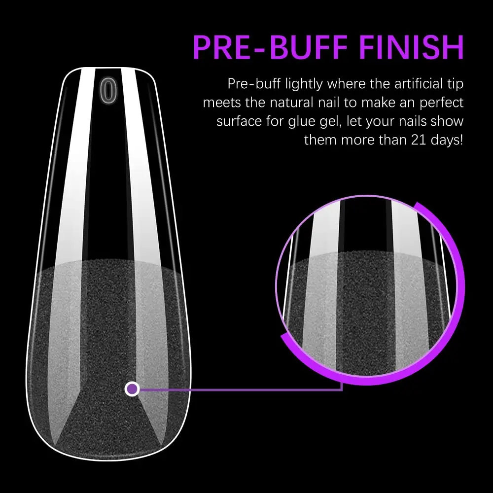 LONG Gel Nail Tips Coffin 504pcs Pre-buff Full Cover Ballerina Nail Tips No Crack No Trace For Nail Extensions