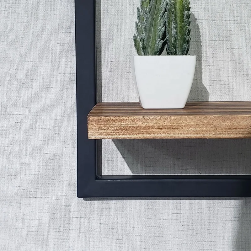 Black Wrought Iron Rack Display Natural Wooden Vintage Multi-function Wall Shelf for Living Room