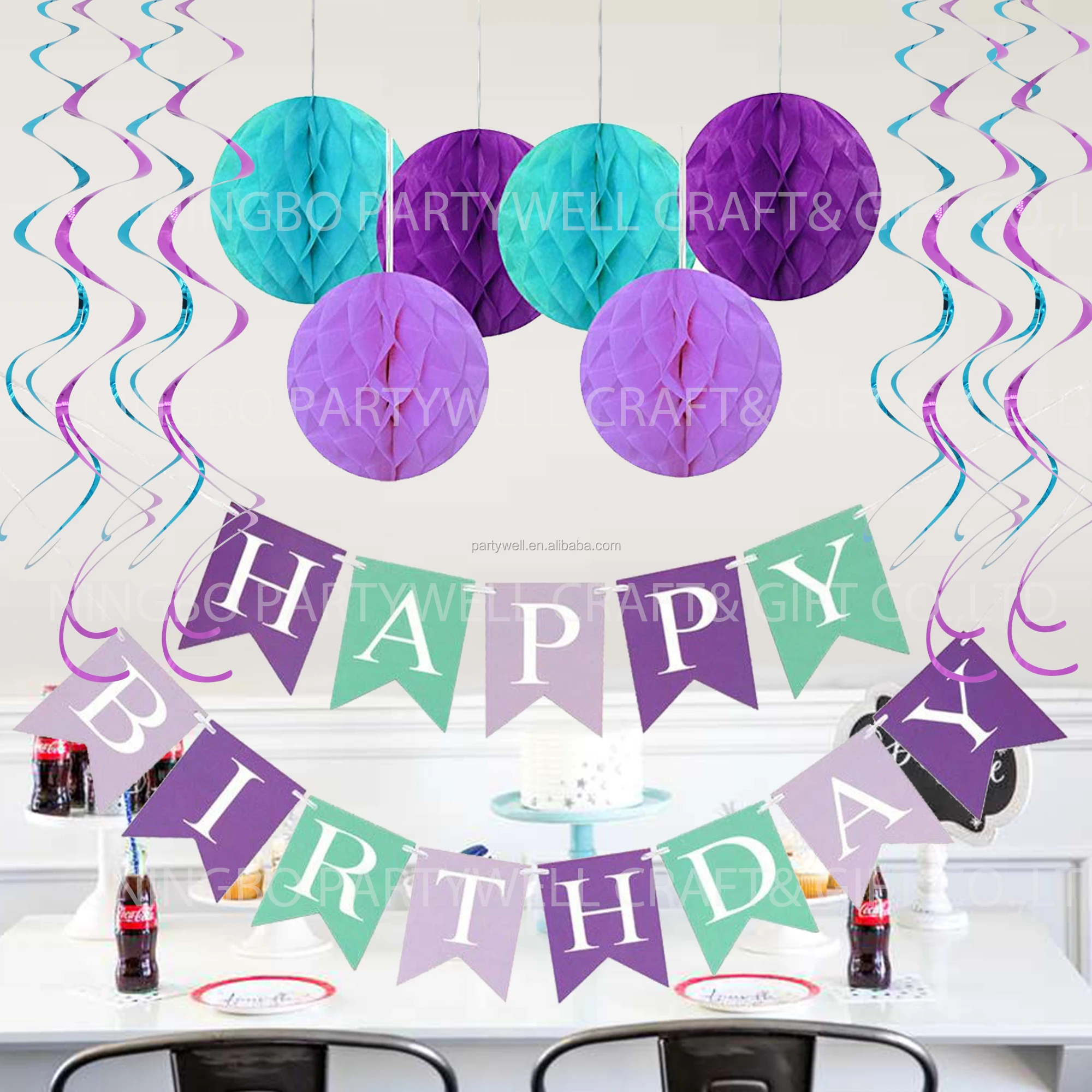 
Wholesale Mermaid Happy Birthday Banner Hang Honeycomb Ball Swirls Streamers for Birthday Baby Shower Party Decorations 