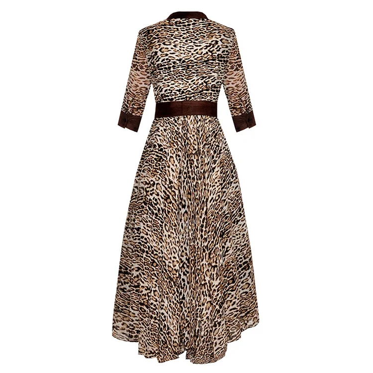 
Female 2021 Summer V Neck Half Sleeves Leopard Print Lace Up Waist Irregular Swing Mid Length Dress 