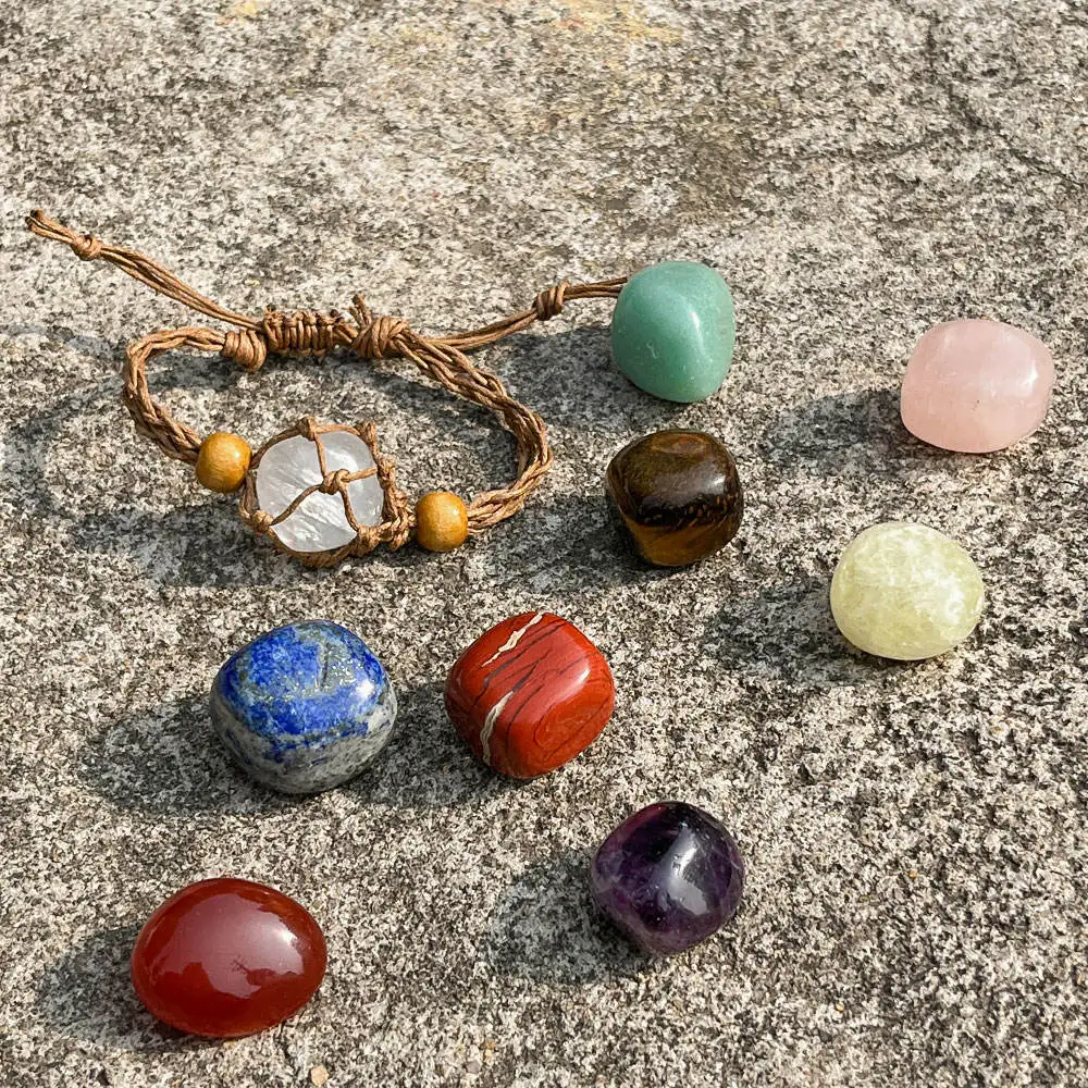 Adjustable Natural Crystal Stone Cage Cord Bracelets Necklace Empty Crystal Pendant 7 Chakra Tumbled Gem Stones Bracelets