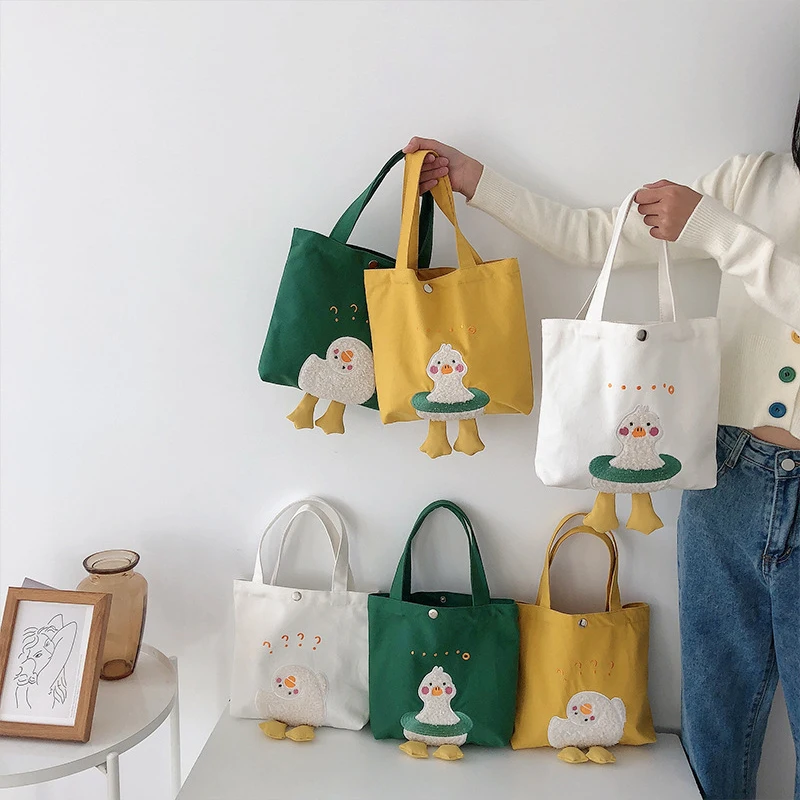 Custom Ladies Shopping Shoulder Bento Lunch Bags Cartoon Duck Canvas Designer Tote Bag For School Girl