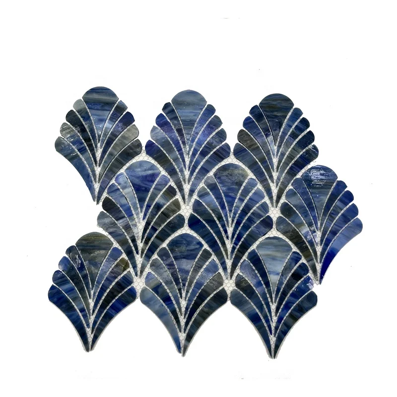 Factory sale stained glass mosaic blue Leaf shape  wall covering house wall cover for home decorations cover wall for hotel