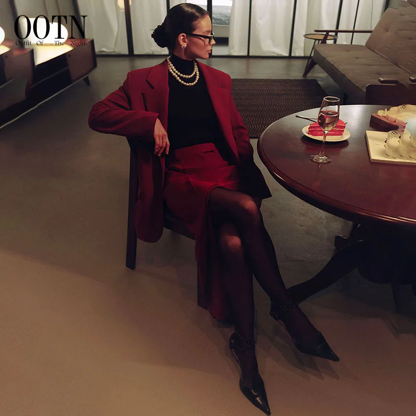 OOTN Office Lady Red Straight Skirts 2024 Elegant High Waist Pleated Skirt Women Fashion Casual Twill Long Skirts Spring Zipper