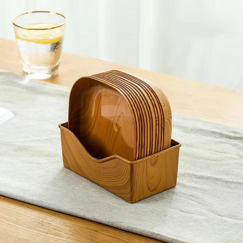 Imitative Wood Plastic Plate Snack Tray Cake Fruit Plate Sushi Breakfast Dried Fruit Dish Bone Spitting Bone Dish Set Tableware