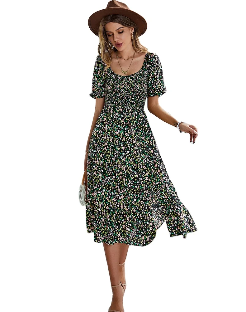 Ladies Sexy Vintage Floral Print Boho Summer Dress Women Casual Elastic Bohemian Beach Dress Women Sundress Robe Vestidos Female