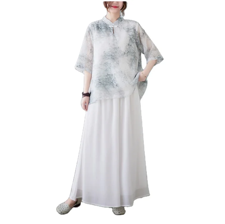 Summer Art Print Chinese Western Style Fashion Qipao Improvement Two piece Set Chinese Style Set SYN5044A088