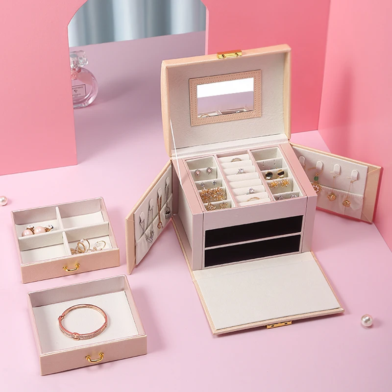 Wholesale Large Custom PU Leather Jewelry Box With Logo Necklace Ring Earring Jewellery Organizer Storage Packaging Gift Case