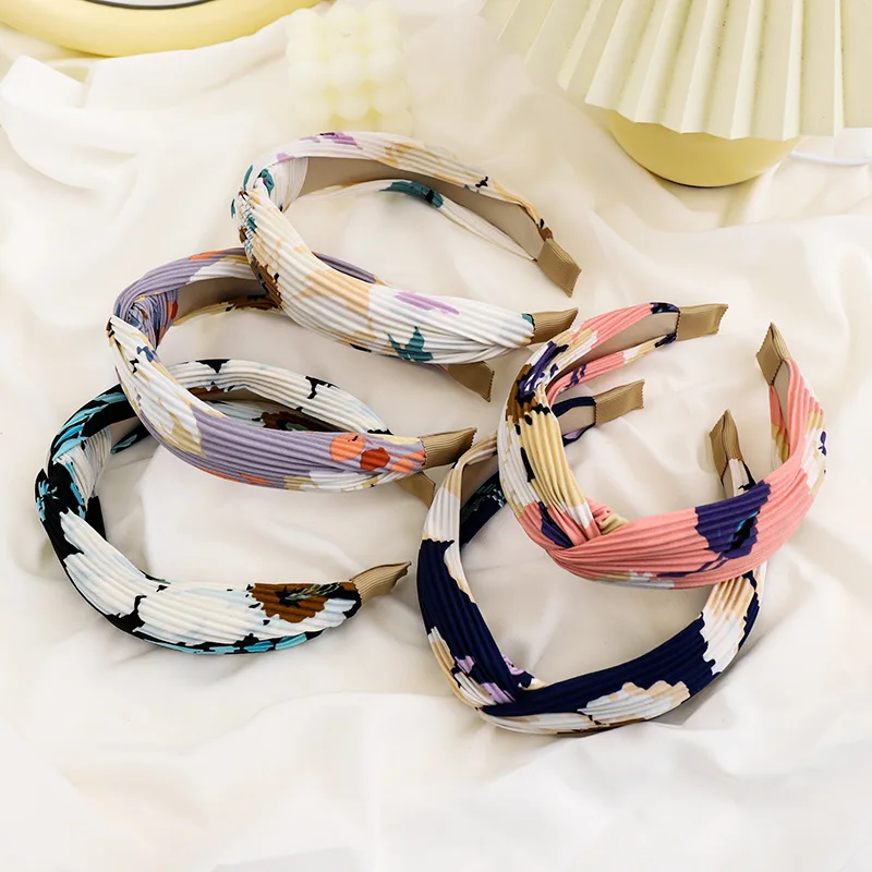 Korea Ethnic Style Hair Accessories Ladies Elegant Fashion Printed Pleated Cross Knot Handmade Headbands  For Girls & Women