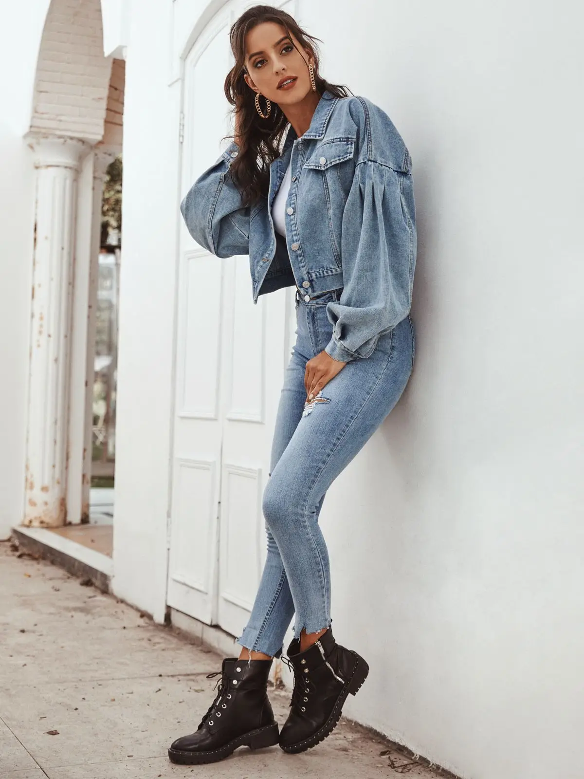 Ready made  puff sleeve denim jacket oversize denim jacket women fashion washed crop jean jacket wholesale