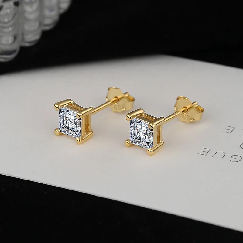 Rainbowking S925 Sterling Silver Minimalist Gold/Rhodium Plated 4.4m Square  Large CZ Studs Earrings for Women