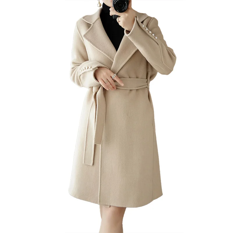 High Quality Custom Tailored Collar Winter Long Genuine Cashmere Wool Coats for Women