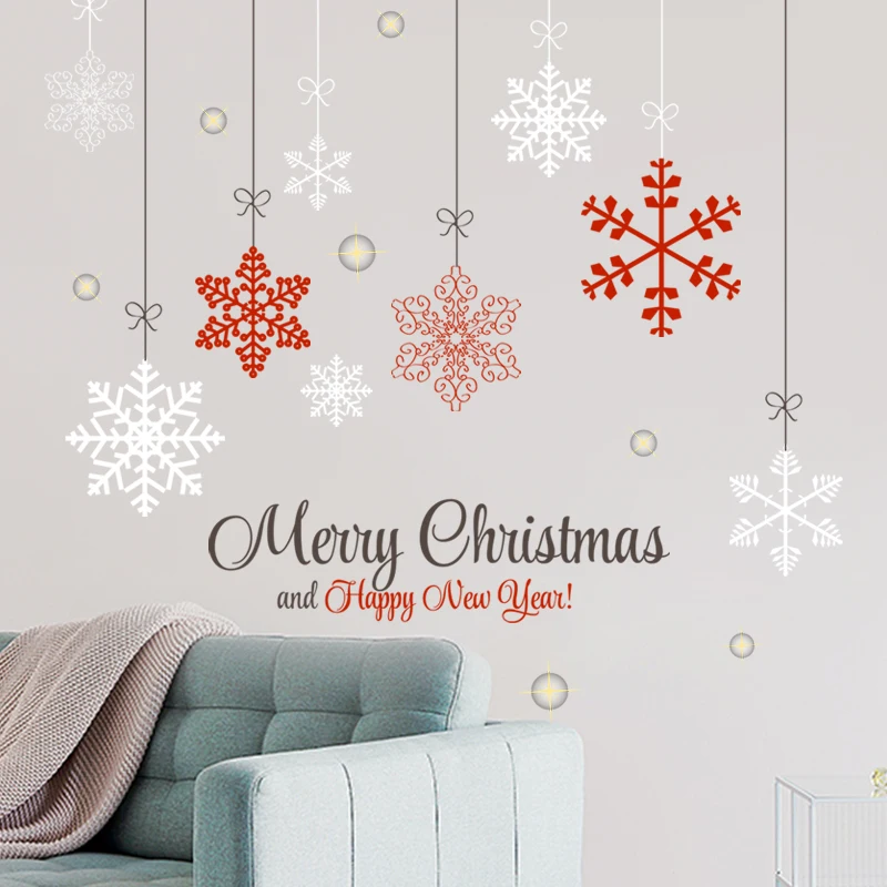 Merry Christmas White Red Snowflake Wall Sticker Creative Living Room Wallpaper Self Adhesive TV Background Decorative Decals