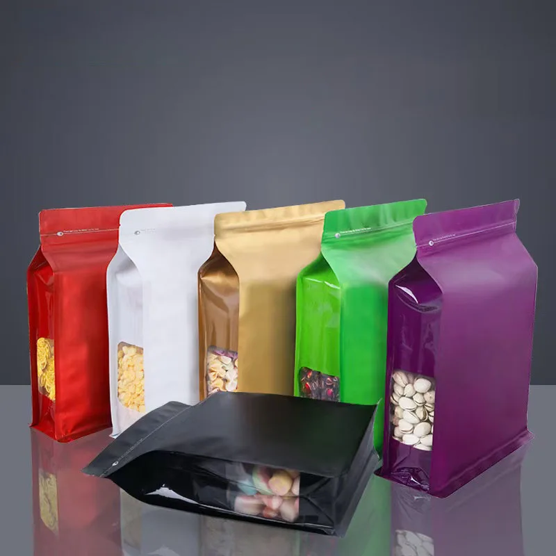 Custom Wholesale Colored Aluminum Foil Stand Up Pouches Aluminium Foil Eight Edge-sealing Zipper Coffee Bag With Clear Window