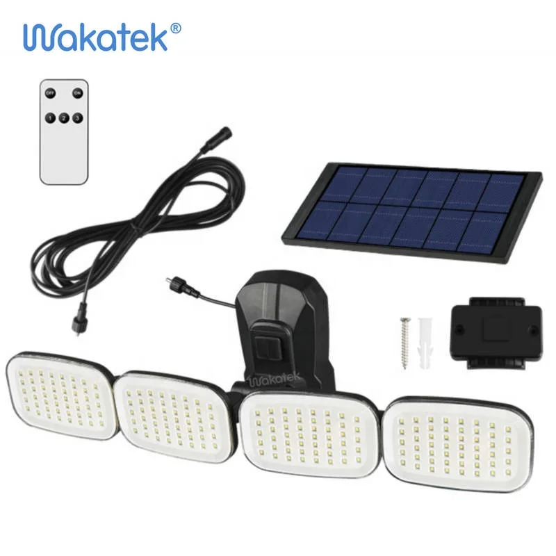 WAKATEK 50w 200LED 240COB Outdoor Backyard Garden Stair Solar Powered 4 Sides Lighting Wall Lamp LED solar powered