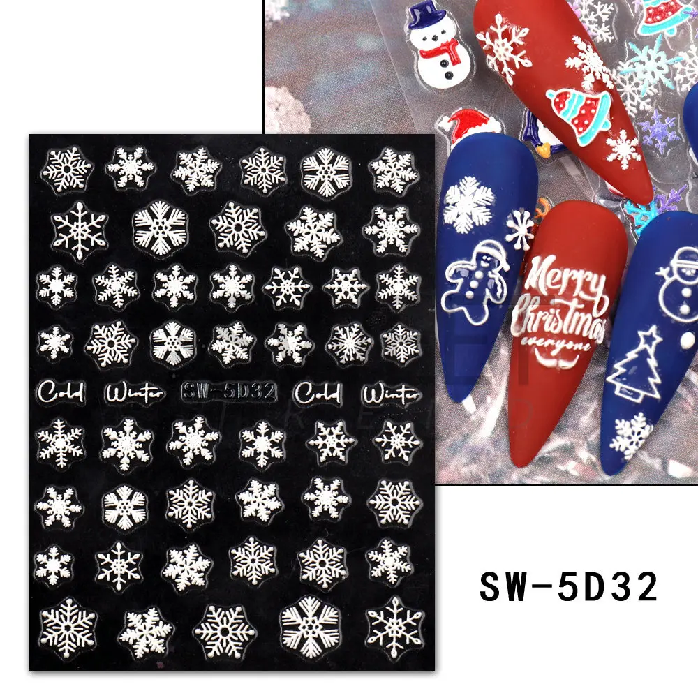 Low price 5d nail art stickers Christmas white snow flake embossed 5d nail decals