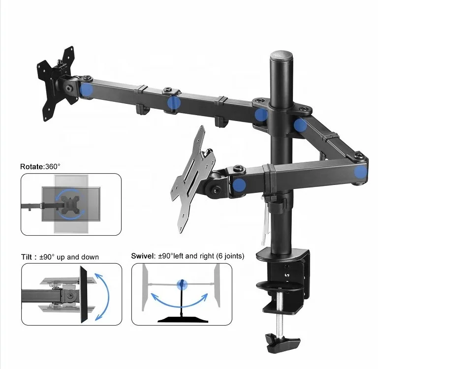 Double arms desk monitor mount desk top , 100x100 MM vesa lcd arm swivel OEM monitor mount