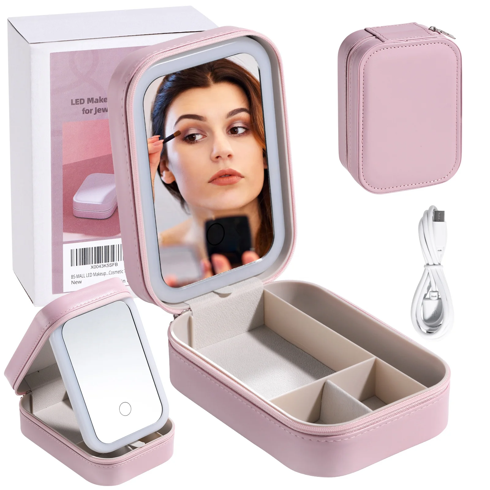 Luxury PU Leather Cosmetic Case Travel Jewelry Box Portable Rings Earrings Necklaces Storage Box LED Mirror Cosmetic Case Box