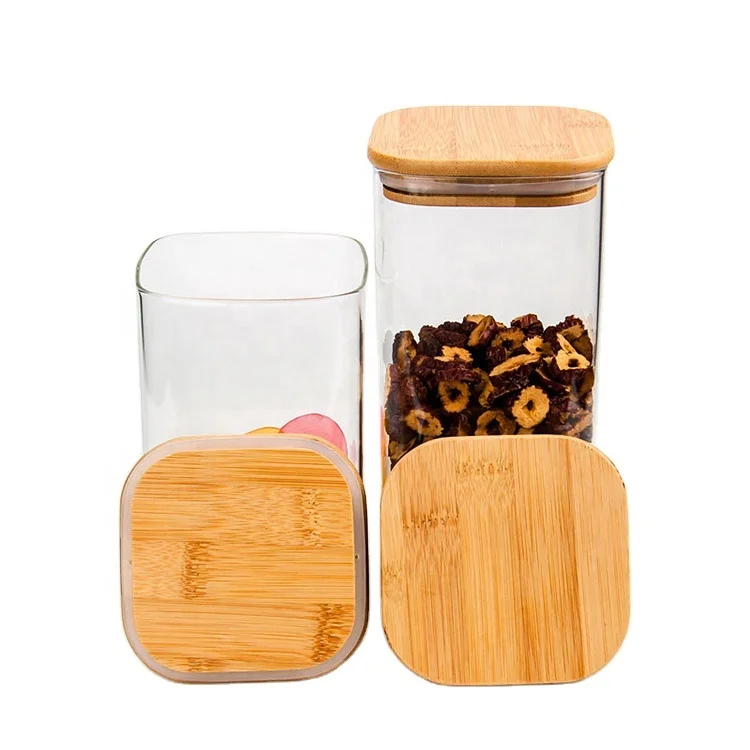 
Premium High Borosilicate Air Tight Square Glass Jars Bamboo Lid Kitchen Food Storage Container for Food 